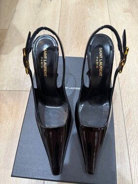 Saint Laurent Black Patent Pointed Slingback Pumps with Tortoiseshell Buckle